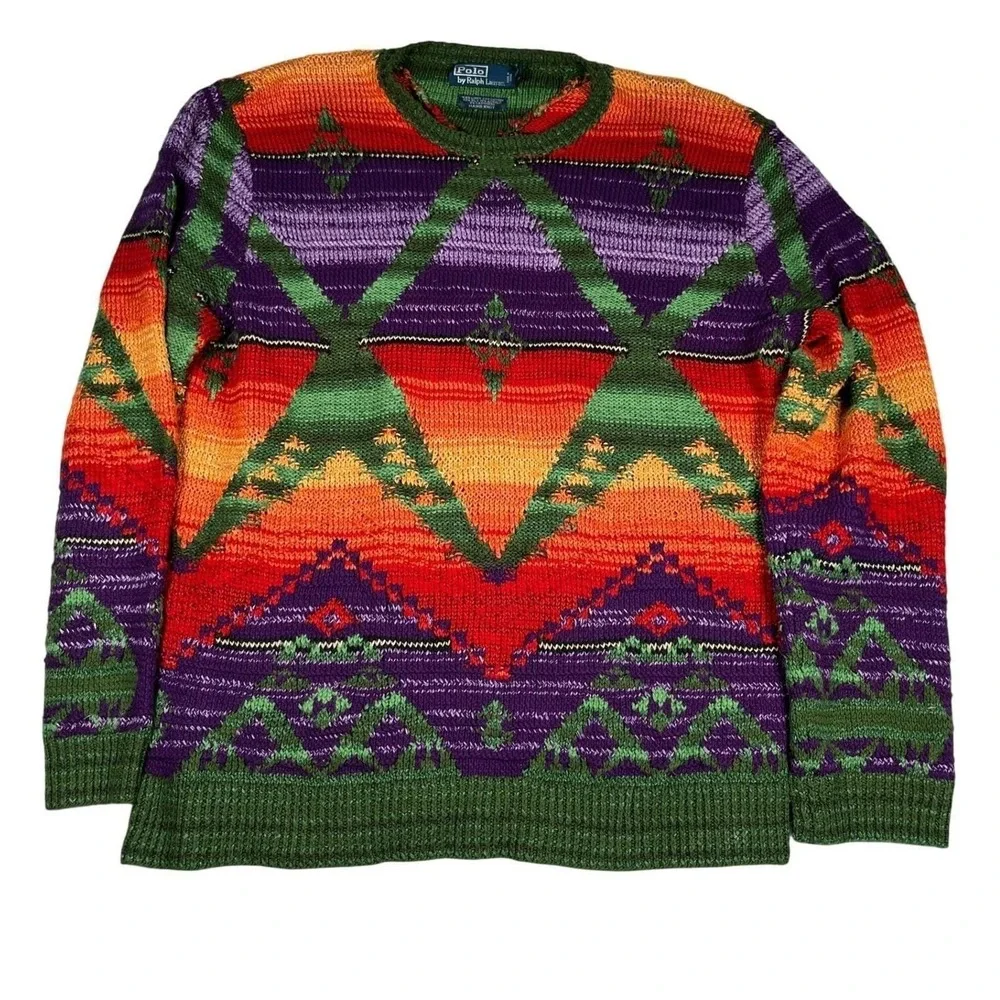 Polo Ralph Lauren Vintage‎ Hand Knit Linen Sweater Aztec Southwestern Color L
